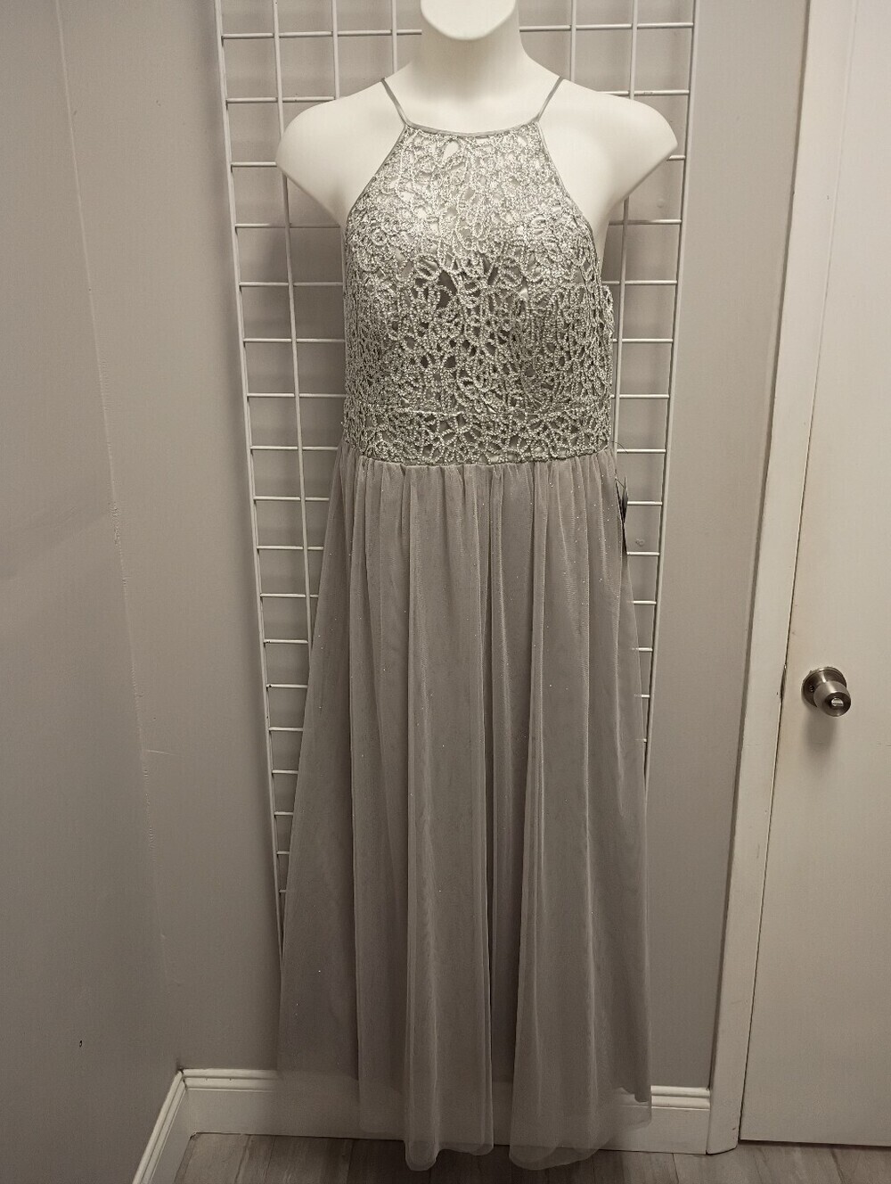 Darling Silver Lace Halter Gown New With Tags